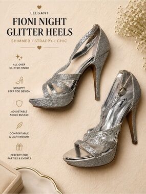 Fioni Night Silver Glitter Platform Heels | Strappy Peep Toe Party Heel | Size5½